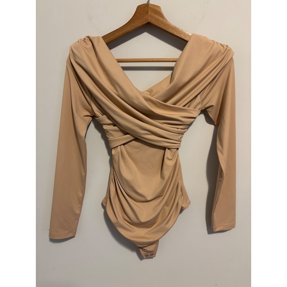 Abercrombie & Fitch Soft A&F Long Sleeve Crossover Draped Bodice Bodysuit Tan S